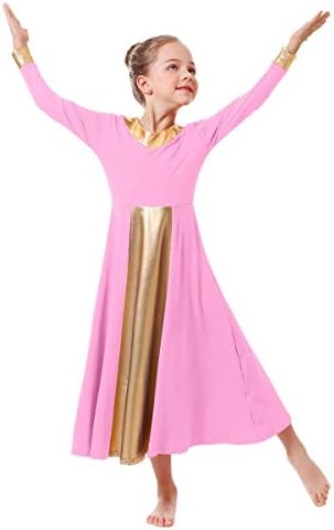 IBAKOM בנות מטאליות זהב V-צווארון שמלות ריקוד שבחים כנסייה ליטורגית רופפת בכושר אורך מלא בלוק בגדי ריקוד לבגדי ריקוד